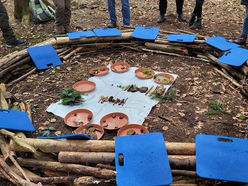 Eine im Wald errichtete Sitzgruppe aus Baumstämmen. Es liegen blaue Sitzkissen darauf, in der Mitte sortierte Dinge wie Zapfen und Stöcke,